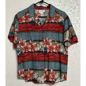ELCC Shirt Tropical Floral Savanna Silk Linen Blend Button‎ Up Short Sleeve M